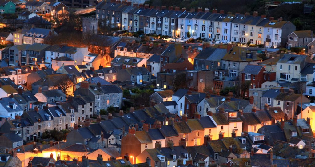 shot of homes in evening